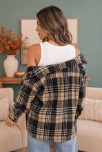 Load image into Gallery viewer, BLACK KHAKI PLAID SHERPA LINED BUTTON FRONT SHACKET