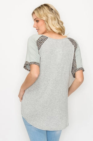 Animal and Color Block V Neck Top