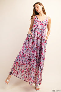 ROMANTIC CRINKLE PRINTED CHIFFON TIERED MAXI DRESS
