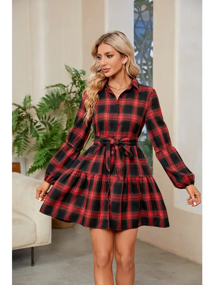 Elastic Cuff Button Up Plaid Shirts Dress