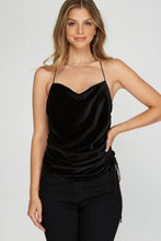 Load image into Gallery viewer, COWL NECK VELVET CAMI TOP WITH DRAWSTRING SIDE DETAIL
