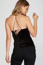 Load image into Gallery viewer, COWL NECK VELVET CAMI TOP WITH DRAWSTRING SIDE DETAIL