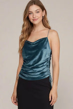 Load image into Gallery viewer, COWL NECK VELVET CAMI TOP WITH DRAWSTRING SIDE DETAIL