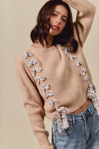 Checkered Plaid Tape Lace Up Sweater Top