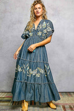 Load image into Gallery viewer, Embroidery Ruffle Neck Loop Cotton Denim V-neck Long Dress