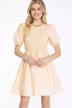 Load image into Gallery viewer, PUFF SLEEVE WOVEN DRESS WITH SLANTED SMOCK DETAIL