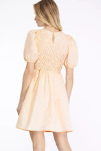 Load image into Gallery viewer, PUFF SLEEVE WOVEN DRESS WITH SLANTED SMOCK DETAIL