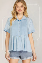 Load image into Gallery viewer, SHORT SLEEVE BUTTON UP COLLARED LINEN SHIRT WITH PINTUCK DETAIL
