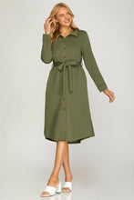 Load image into Gallery viewer, LONG SLEEVE TEXTURED BUTTON DOWN SHIRT DRESS