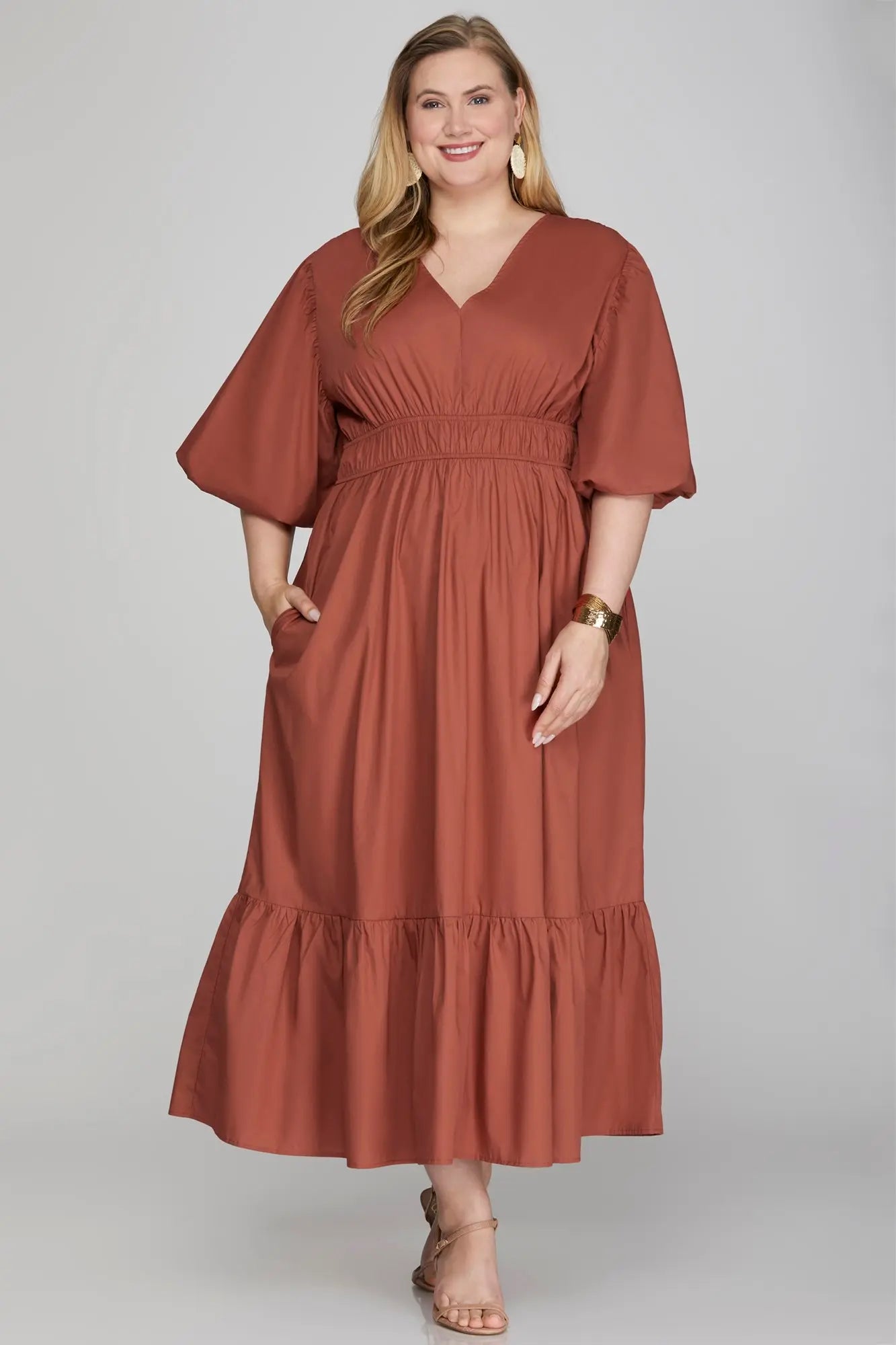 Bubble Sleeve Midi Dress with Pockets