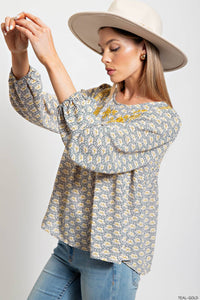 SOFT WOODOBBY PRINTED EMB YORK BUBBLE SLEEVES TOP