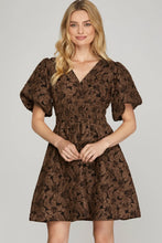 Load image into Gallery viewer, BALLOON SLEEVE PLUNGING NECK FLORAL PATTERN JACQUARD DRESS