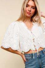 Load image into Gallery viewer, BOW TIE V NECK ELBOW SLEEVE EMBROIDERED EYELET TOP