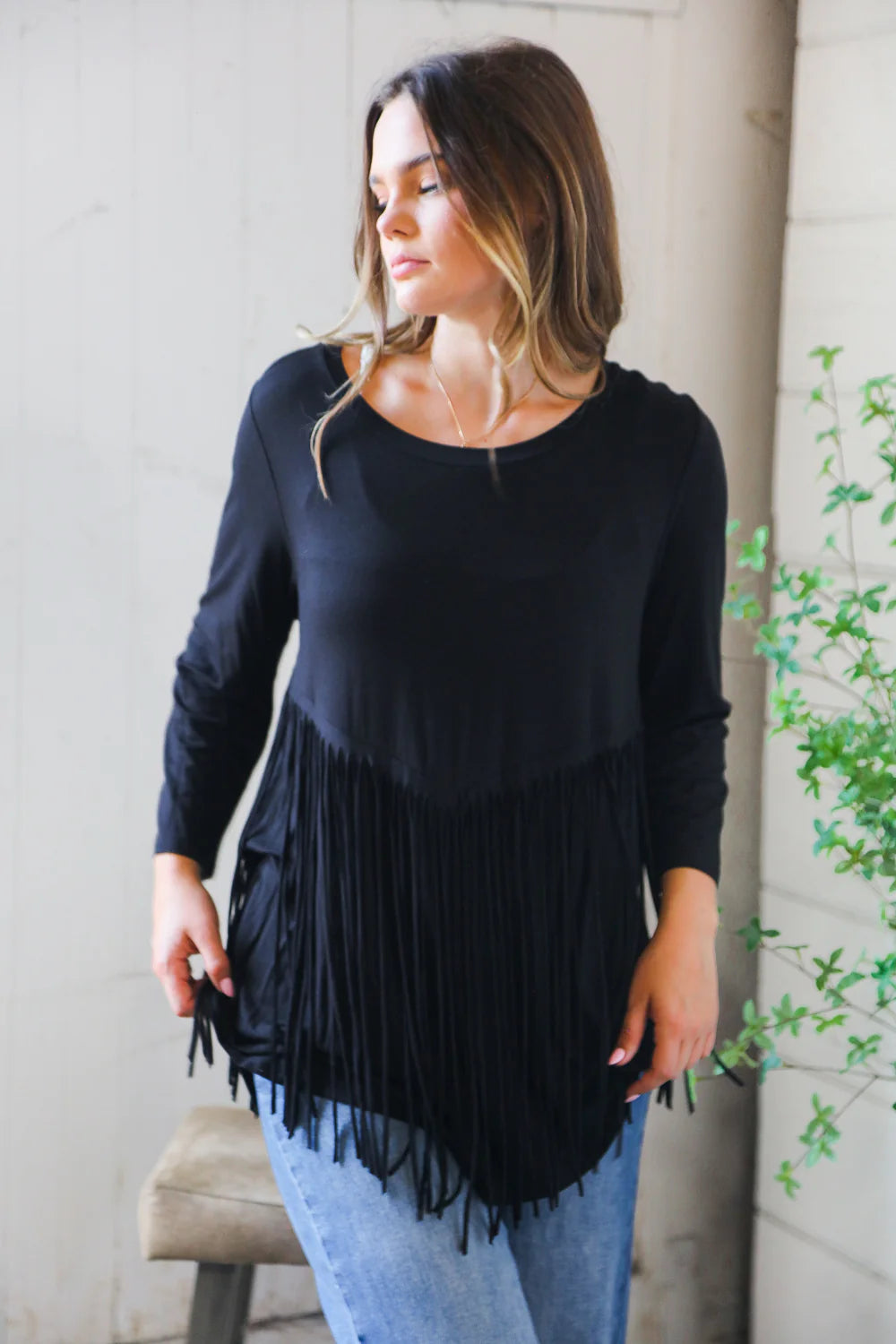 Plus Black Fringe Design Top