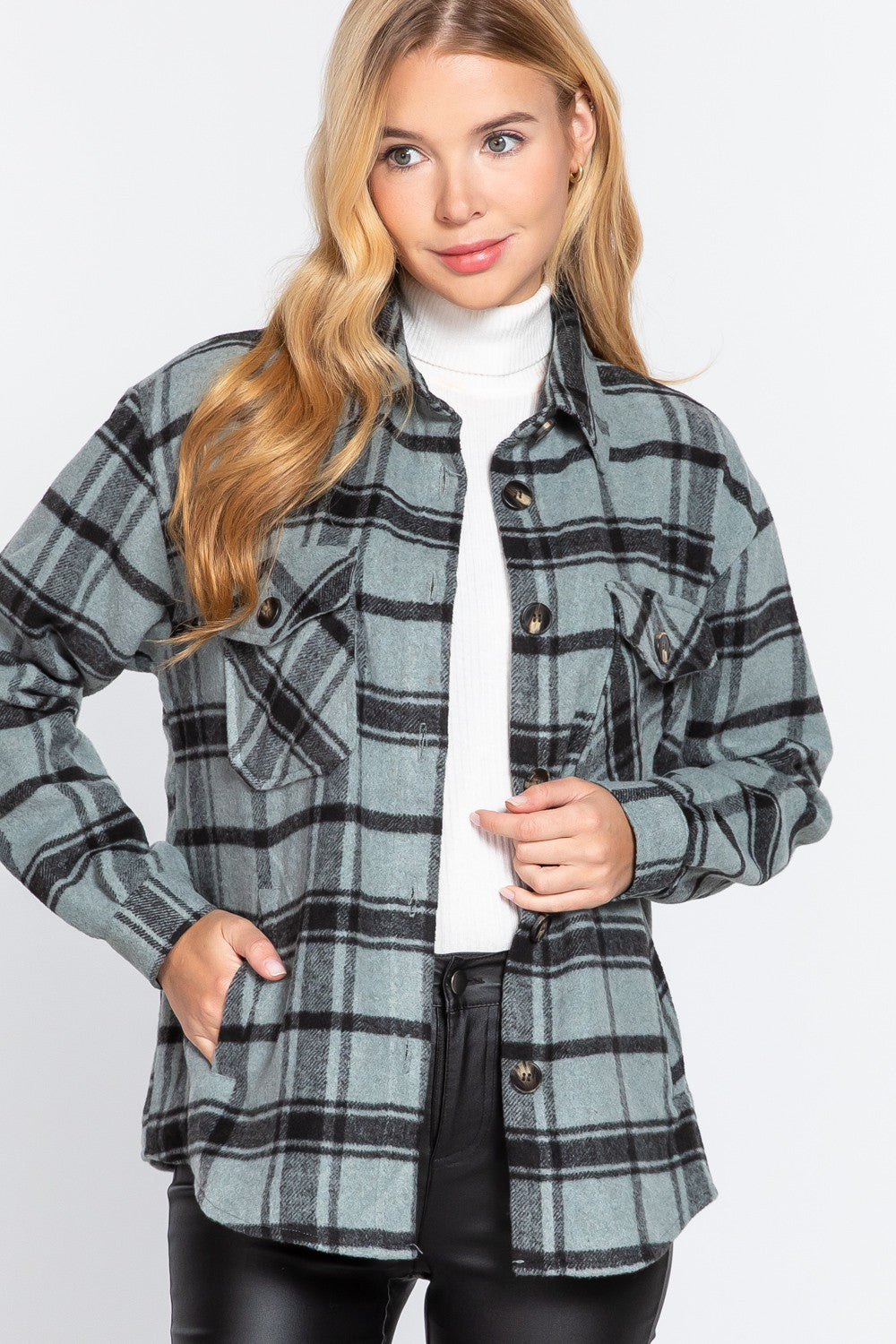 LONG SLV WOOL BLEND PLAID CASUAL JACKET