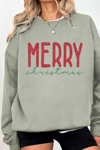 MERRY CHRISTMAS GLITTER GRAPHIC BRUSHED SWEATSHIRT
