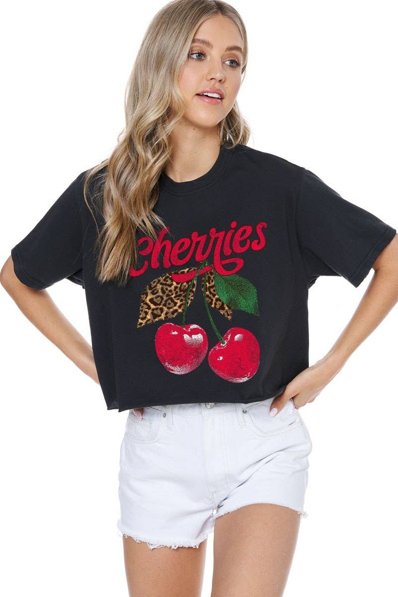 Cherries Leopard Vintage Graphic S/S Faux Cropped Tee