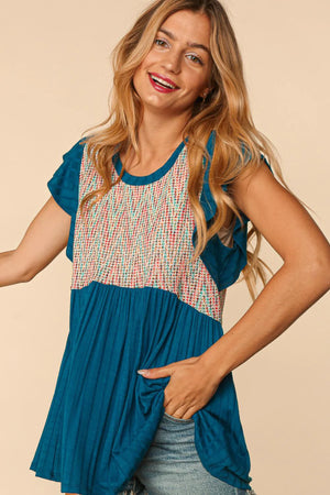 TEAL IVORY MULTI COLOR CHEVRON BABYDOLL RIB TOP