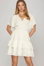 Load image into Gallery viewer, DROP SHOULDER SHORT SLEEVE WOVEN WAIST SMOCKING TIERED DRES