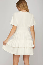 Load image into Gallery viewer, DROP SHOULDER SHORT SLEEVE WOVEN WAIST SMOCKING TIERED DRES