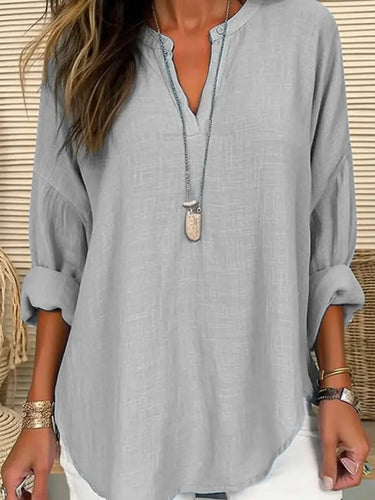 Blouse Linen Long Sleeve Casual V Neck Top