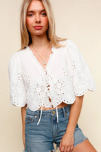 Load image into Gallery viewer, BOW TIE V NECK ELBOW SLEEVE EMBROIDERED EYELET TOP