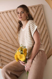 STRIPE CROCHET KNIT BATWING SHORT SLEEVE SWEATER