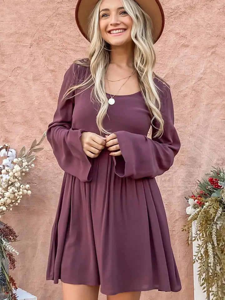 Back Lace Button Down Detail Bell Sleeve Dress