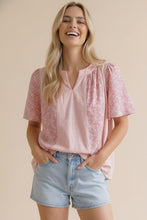 Load image into Gallery viewer, NOTCH NECK STRIPE FLORAL FLUTTER SHORT SLEEVE TOP