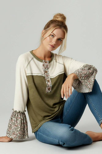 COTTON COLOR BLOCK FLORAL PRINT BELL SLEEVE TOP