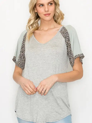 Animal and Color Block V Neck Top