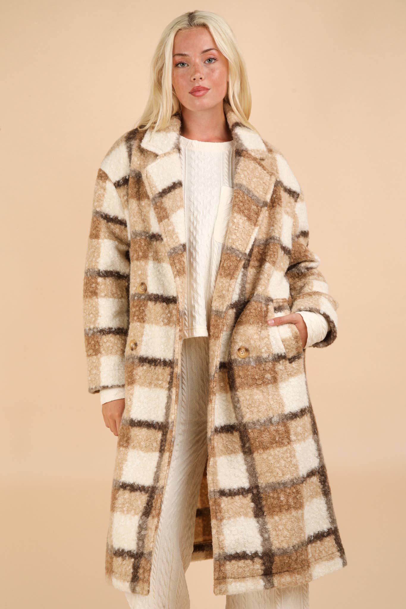PLUS SIZE Plaid Soft Fuzzy Button Down Long Coat