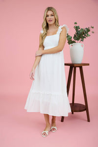 RUFFLE DETAIL EMPIRE WAIST SLEEVELESS MIDI DRESS