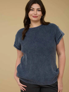 Plus Washed Knit Short Tab Sleeve Pullover Sweater