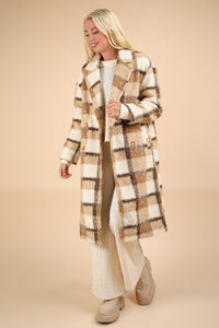 PLUS SIZE Plaid Soft Fuzzy Button Down Long Coat