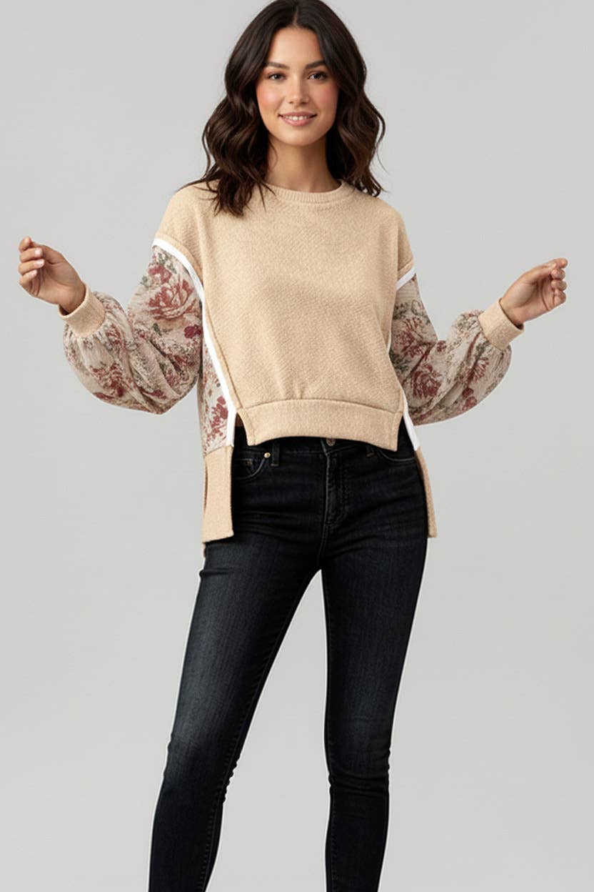 PLUS FLORAL LONG SLEEVE SLITS PULLOVER TOP