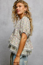 Load image into Gallery viewer, Ruffle Detail Neck Loop Floral Balloon Sleeve Woven Top