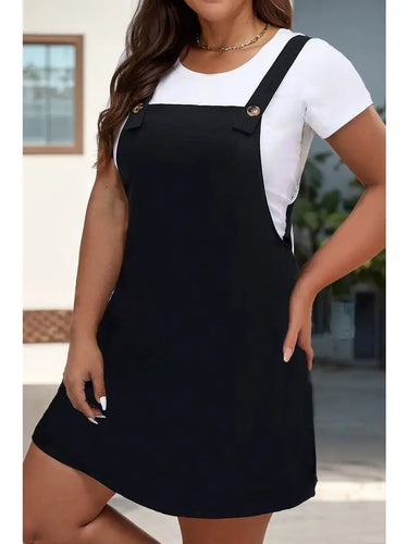 Black Solid Buttoned Straps Plus Size Overall Dress