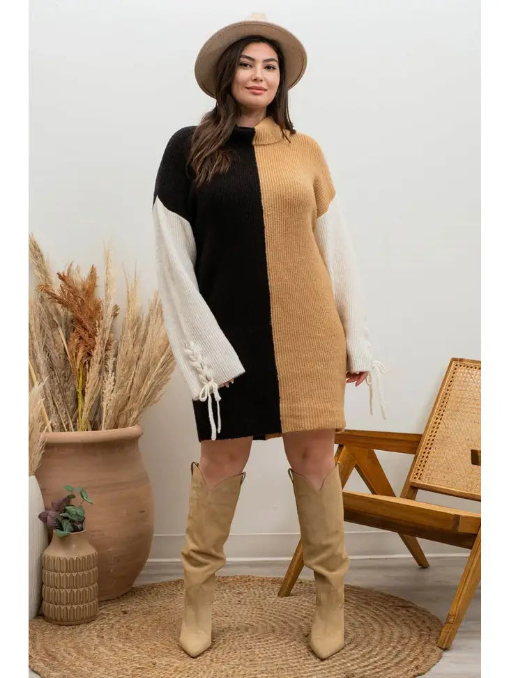 Braid Sleeve Colorblock Mini Dress