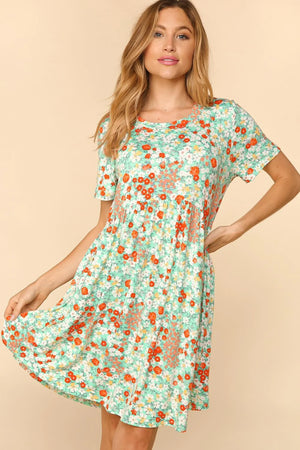 MINT CORAL FLORAL BABYDOLL FIT & FLARE MIDI DRESS