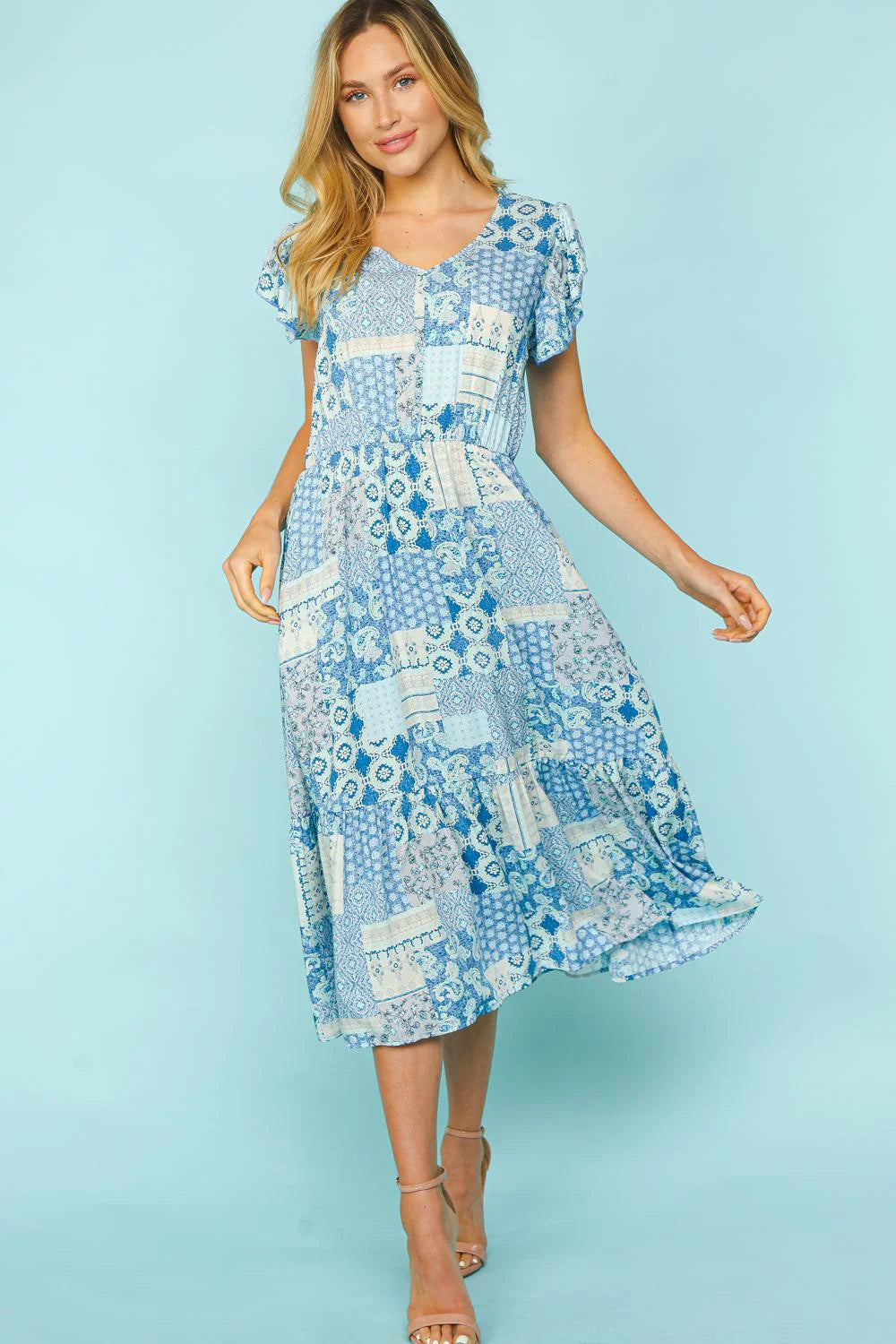 BLUE BOHO TIERED RUFFLE HEM POCKETED DRESS