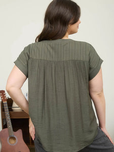 Plus Eyelet Trim Half Button Short Sleeve Top