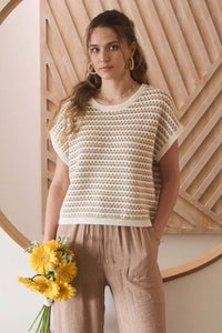 STRIPE CROCHET KNIT BATWING SHORT SLEEVE SWEATER