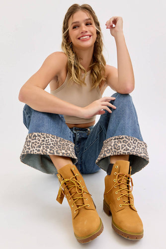 Mid Rise Wide Leg with Leopard Cuff