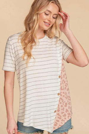 IVORY GREY & TAUPE YARN DYE STRIPE ANIMAL PRINT BUTTON TOP