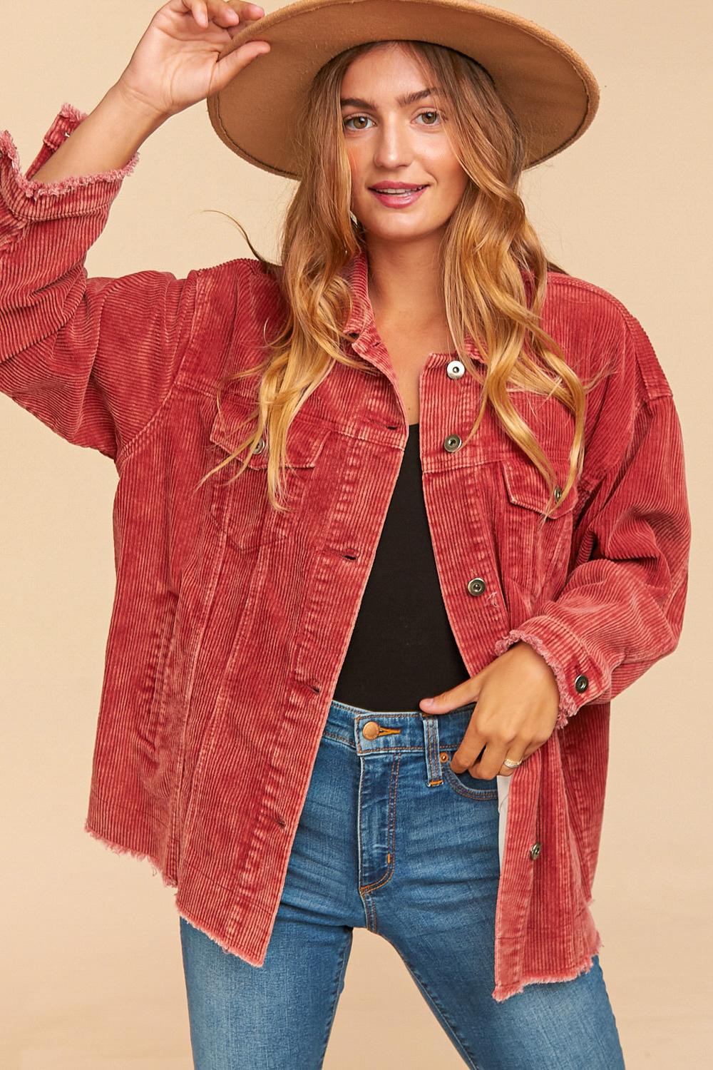 PLUS CORDUROY WASHED DISTRESSED BUTTON JACKET