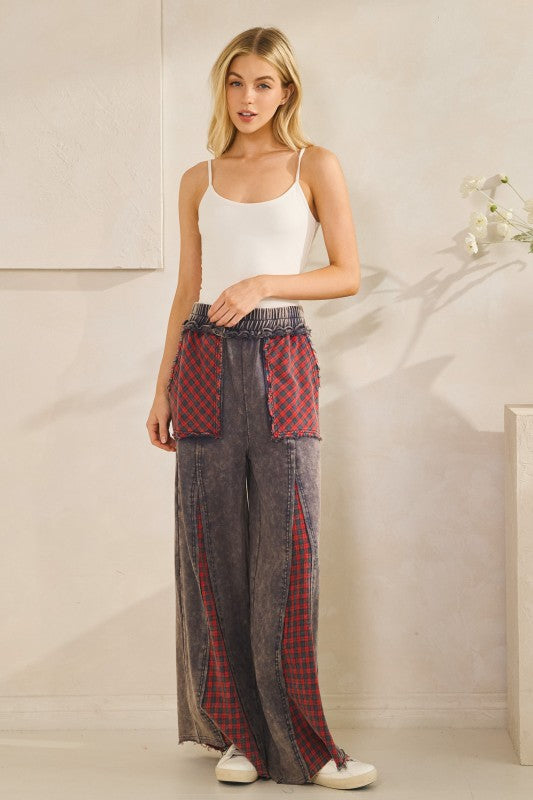 Grunge Patch Plaid Wide-leg Pants