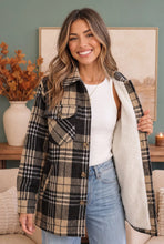 Load image into Gallery viewer, BLACK KHAKI PLAID SHERPA LINED BUTTON FRONT SHACKET