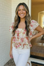 Load image into Gallery viewer, FLORAL MESH TIERED RUFFLE CROP TOP