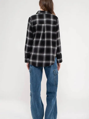 Collared Plaid Long Sleeve Woven Top
